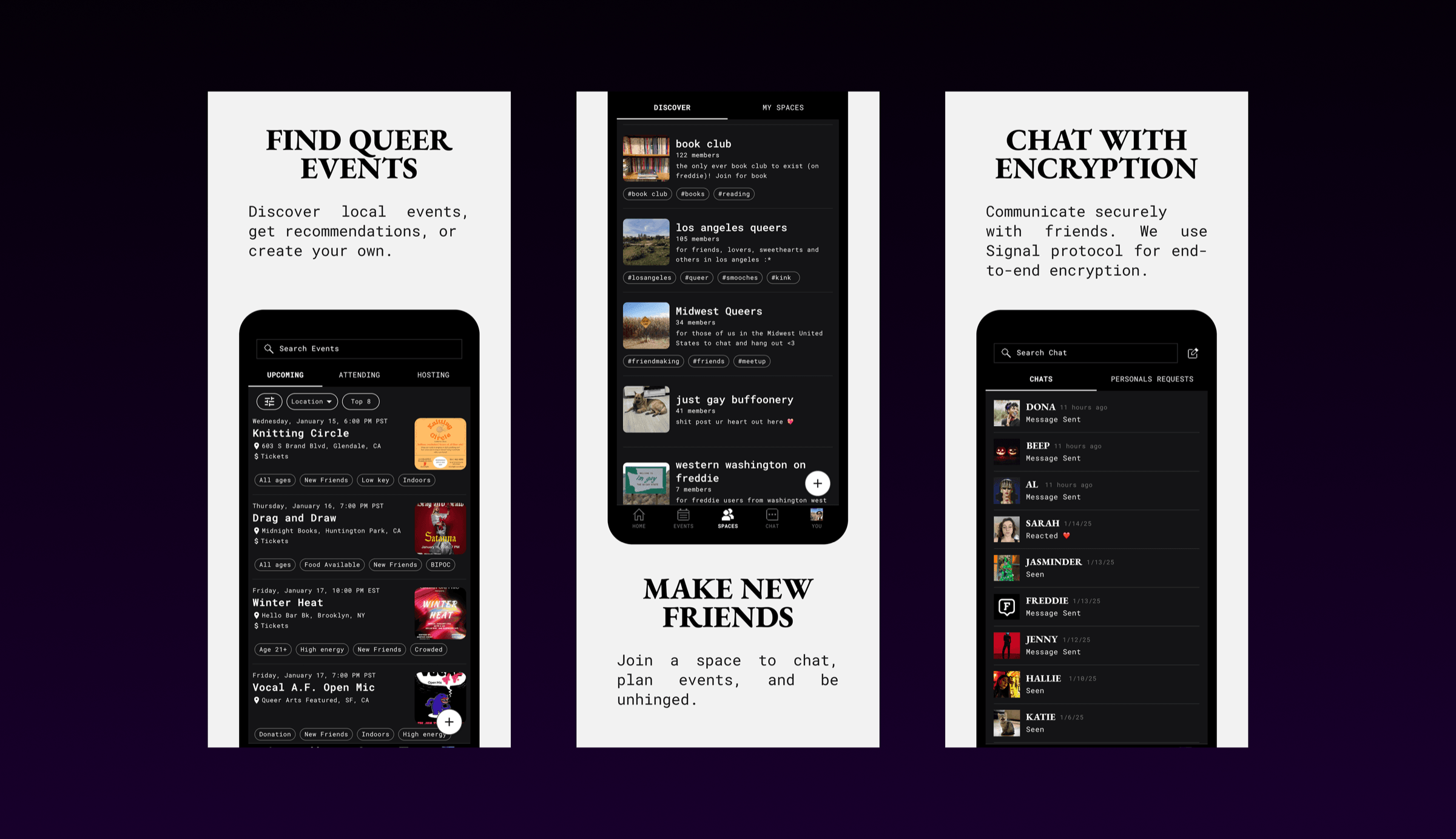 Freddie app — social features and event browsing