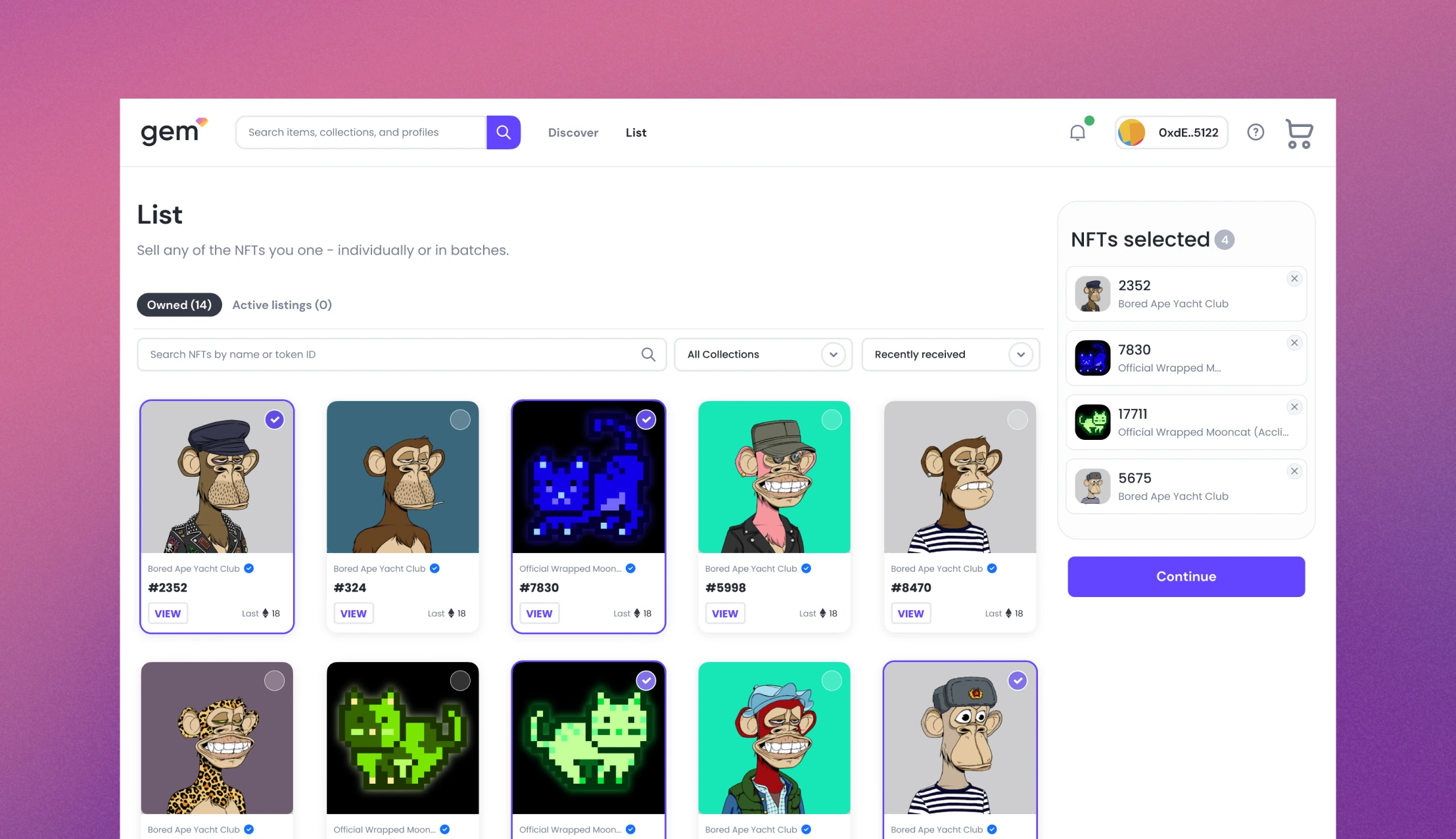 Gem List page — owned NFTs in a grid with four selected, and the running selection held in a sidebar