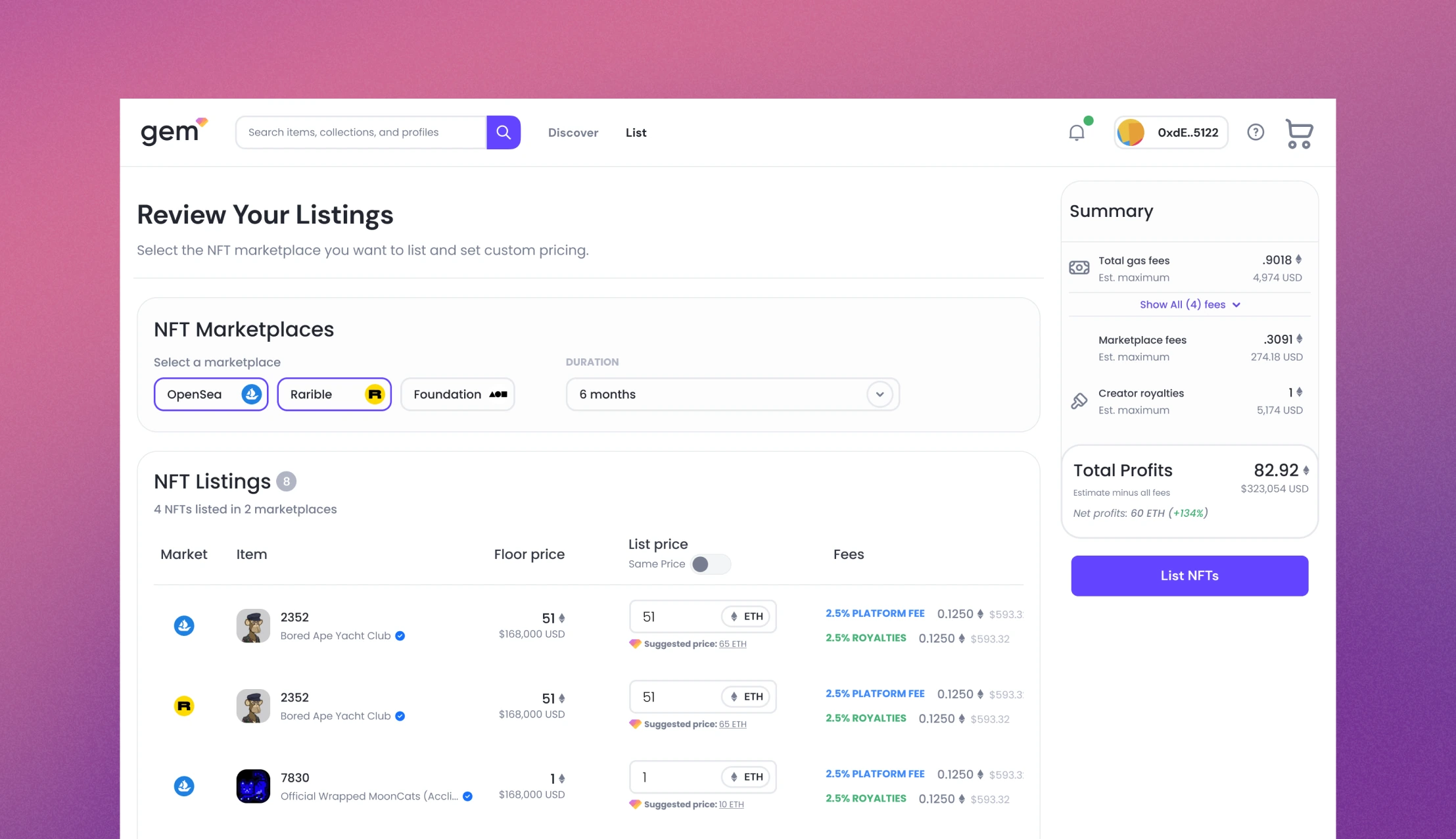 Gem Review Your Listings — marketplace and duration pickers, per-listing prices against floor, and a fee summary