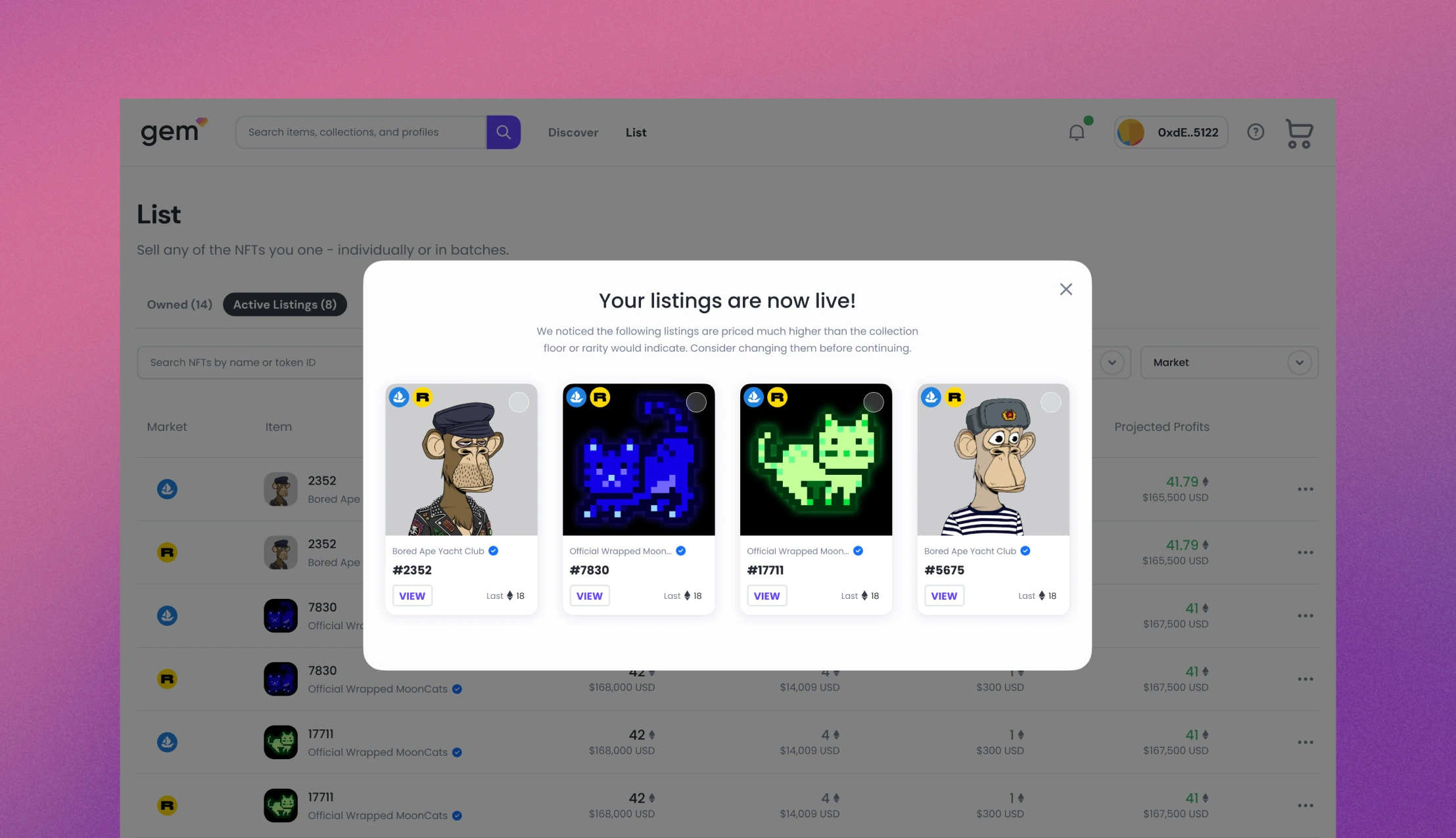 Gem confirmation modal — "Your listings are now live", flagging items priced above collection floor or rarity