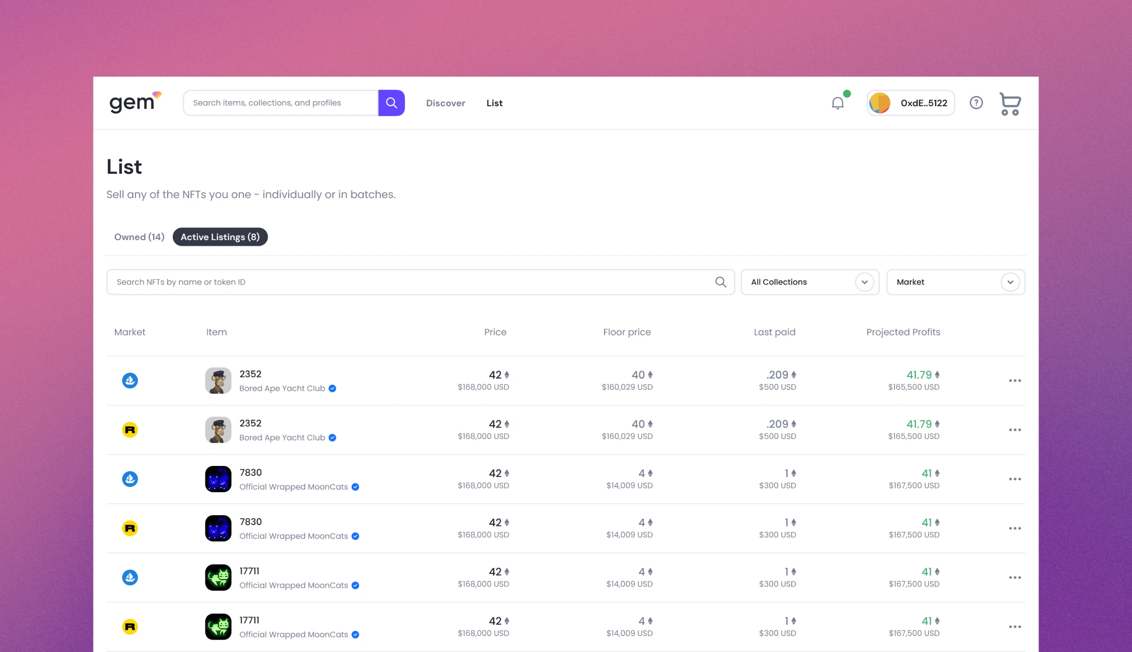 Gem active listings table — price, floor price, last paid and projected profits, one row per marketplace