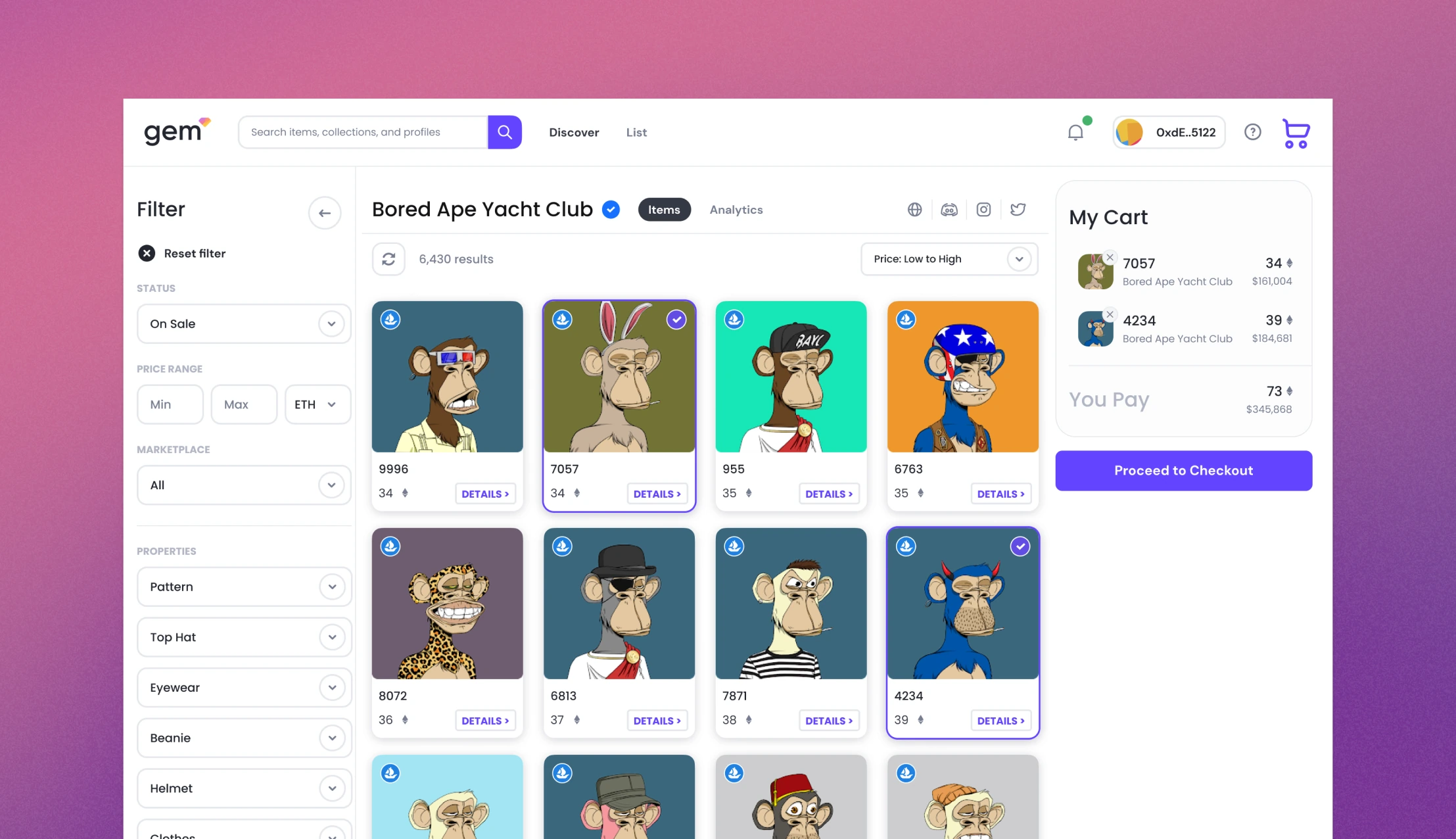 Gem collection page for Bored Ape Yacht Club — trait and price filters, item grid with per-marketplace marks, and a cart holding two apes