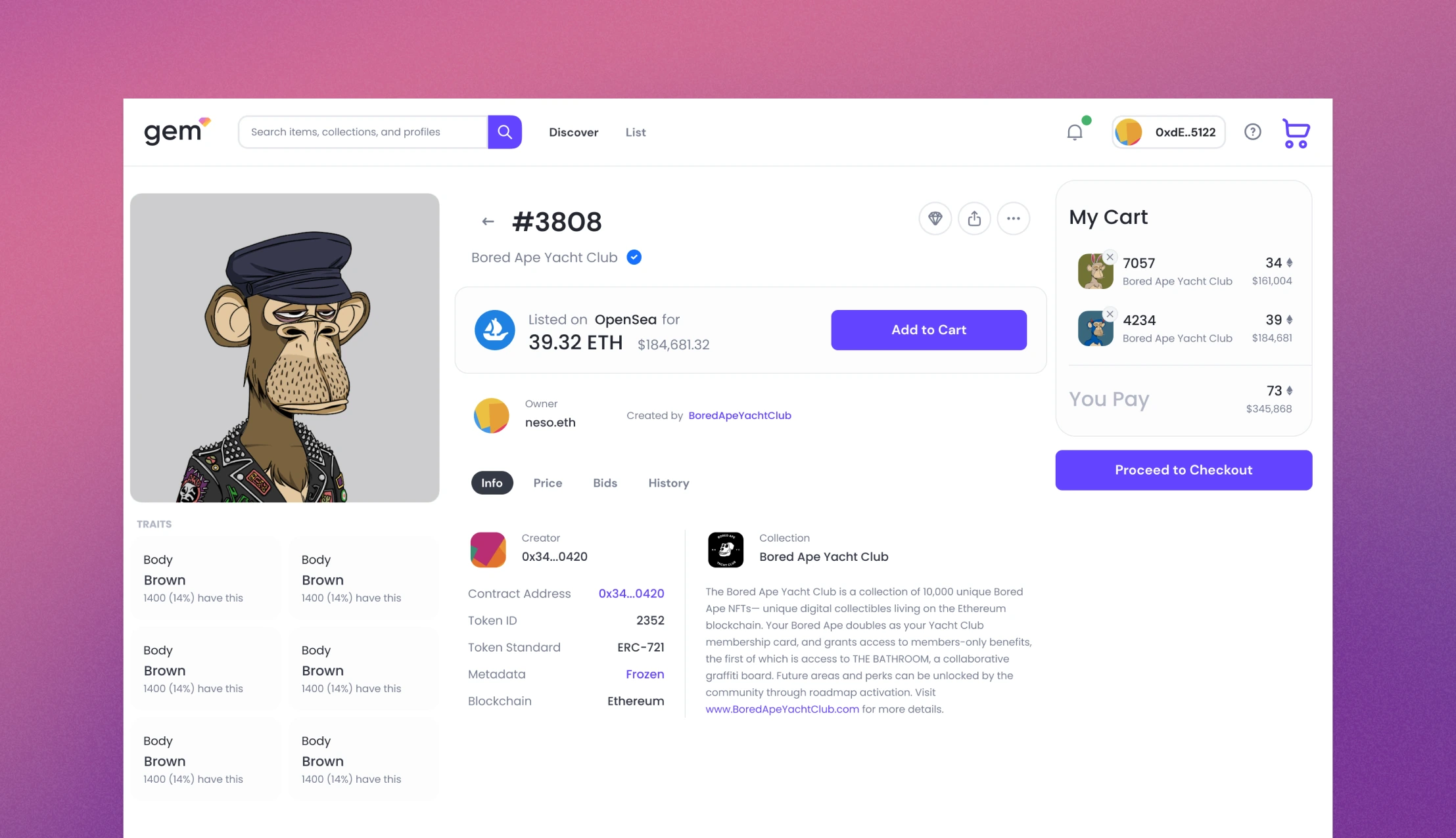 Gem item page for Bored Ape #3808 — traits, contract details, the OpenSea listing price, and Add to Cart