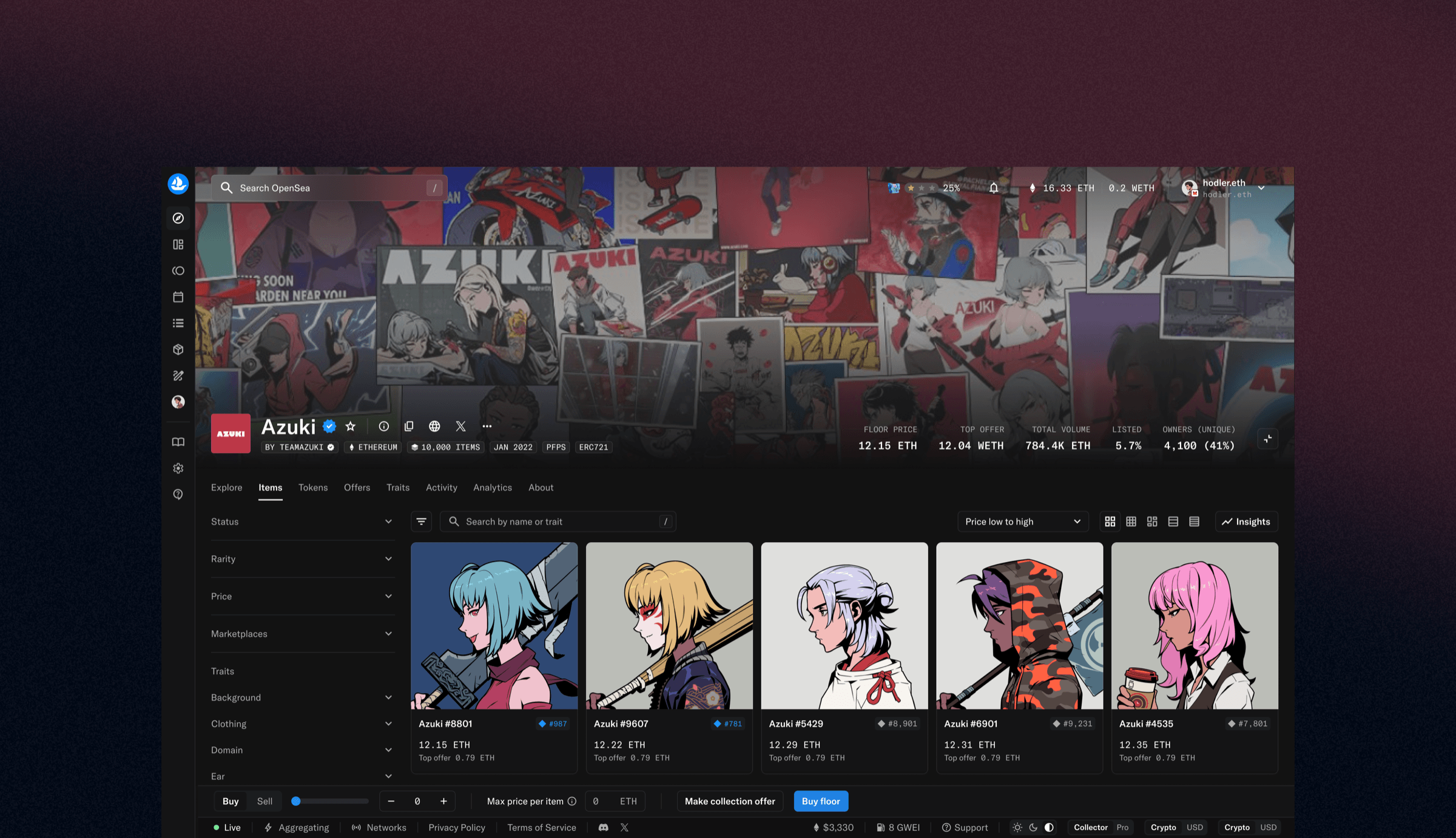OpenSea Azuki collection page with item grid, filters, and bulk buy controls