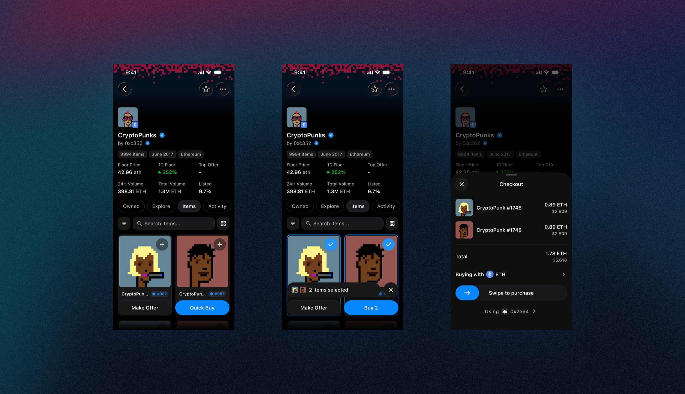 OpenSea mobile app — CryptoPunks collection, multi-select, and swipe-to-purchase checkout