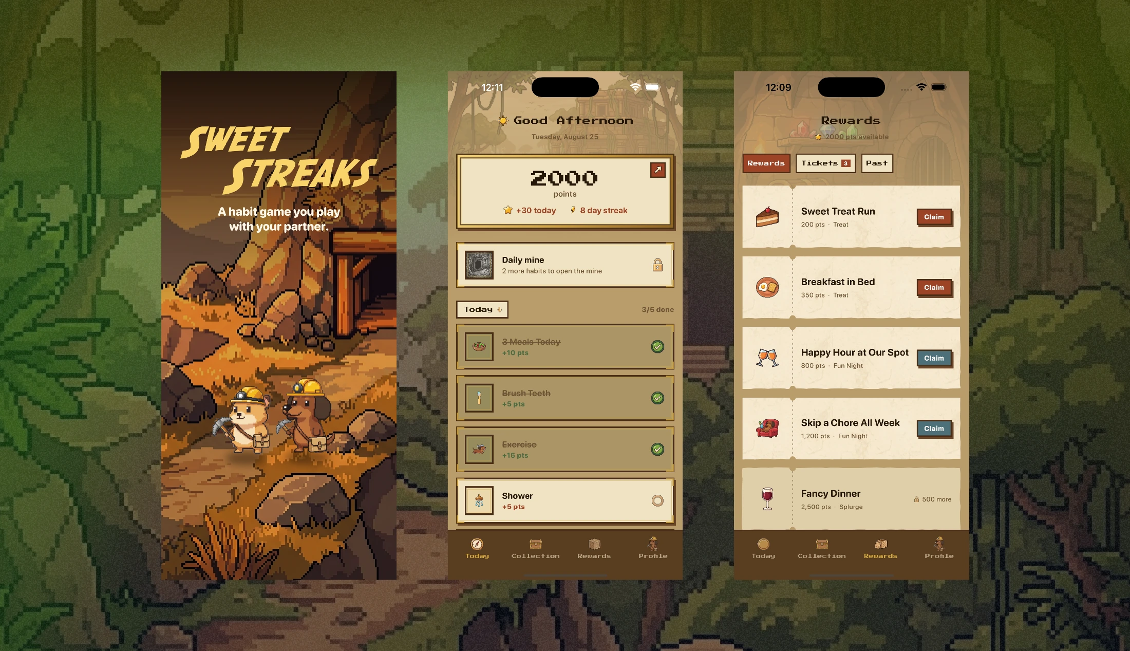 Sweet Streaks — title card, the Today routine with points and the locked daily mine, and the rewards a partner can claim